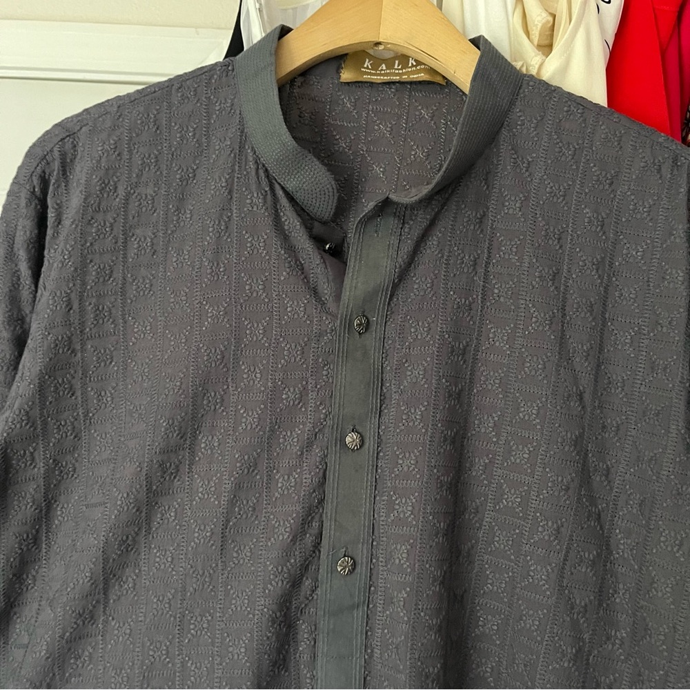 KALKI grey embroidered mandarin collar long sleeve tunic shirt midi dress - Picture 4 of 8